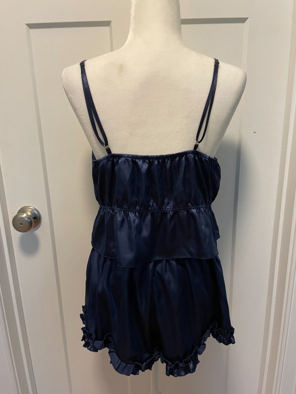 Satin Cami Ruffle Shorts Sleep Set Navy Blue Coquette Lounge Two Piece Size L/XL - Picture 6 of 14
